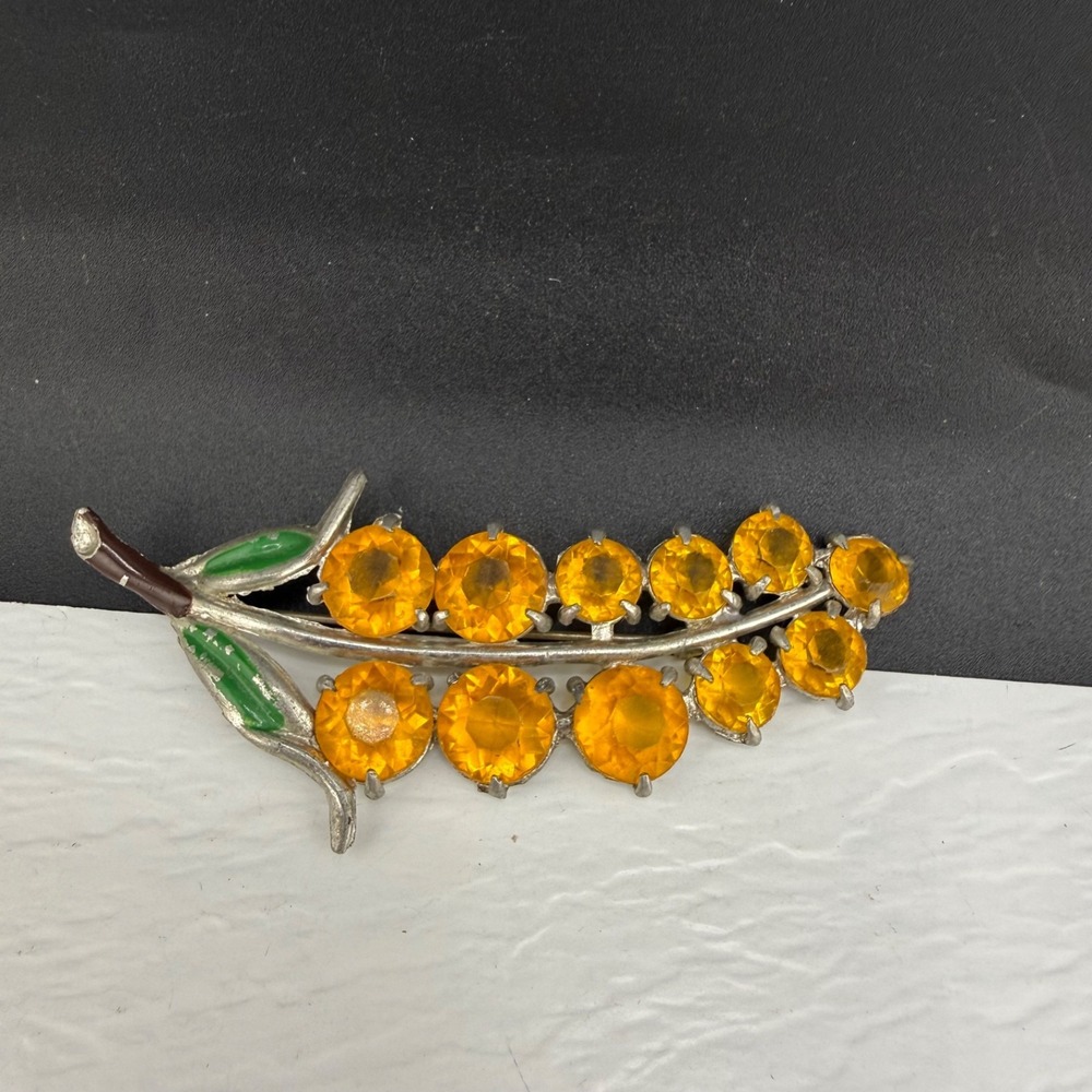 Vintage Estate Pot Metal Flower Brooch Silver Tone Enamel Yellow Sparkle